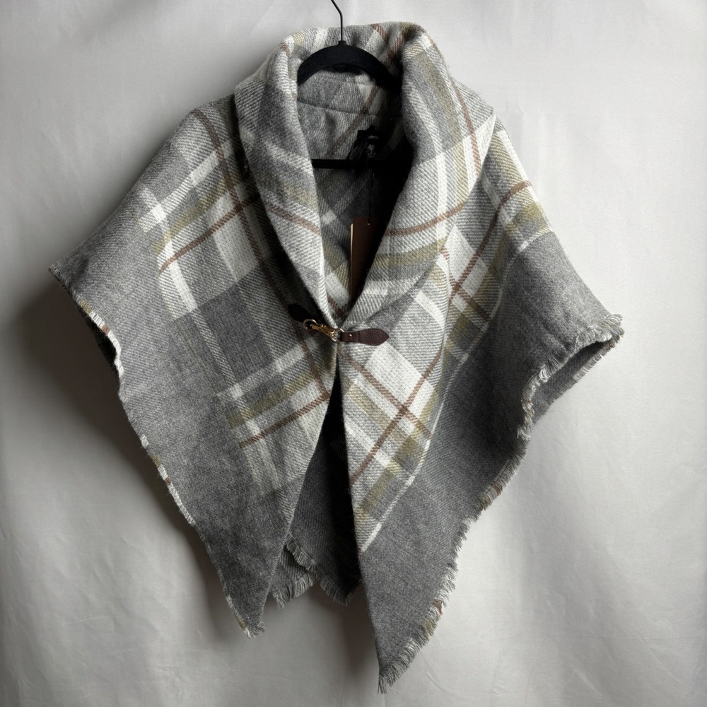 NWT Gray Plaid Poncho Wrap Toggle Button Academia Preppy Poet Many Ways to Wear